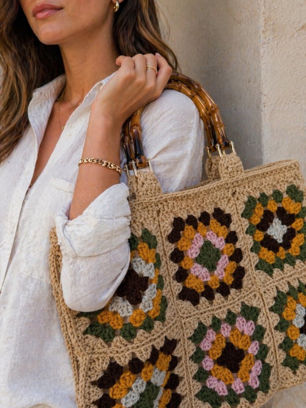 Boho Crochet Granny Square Tote w/ Bamboo Handles Colorful NWT - Picture 3 of 5
